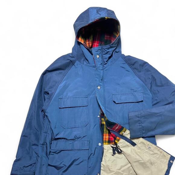 Woolrich 90s Vintage Wool Red Plaid Lined Blue Parka Zip Hooded Jacket Medium - Picture 2 of 8